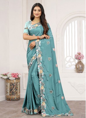 Dazzling Blue Resham Crepe Silk Traditional Saree
