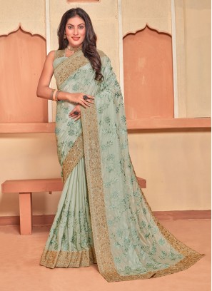 Dazzling Crepe Silk Embroidered Sea Green Classic Saree