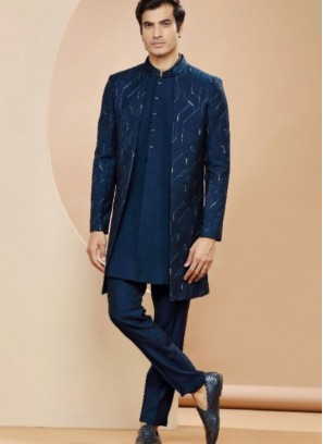 Dazzling Dark Blue Raw Silk Indowestern Suit