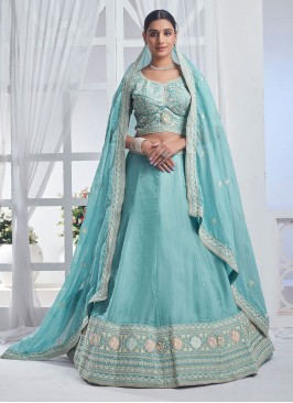 Dazzling Embroidered Aqua Blue Organza Trendy Lehenga Choli