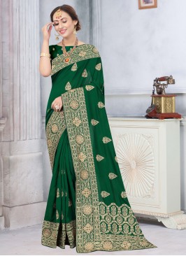 Dazzling Embroidered Silk Green Traditional Designer Saree