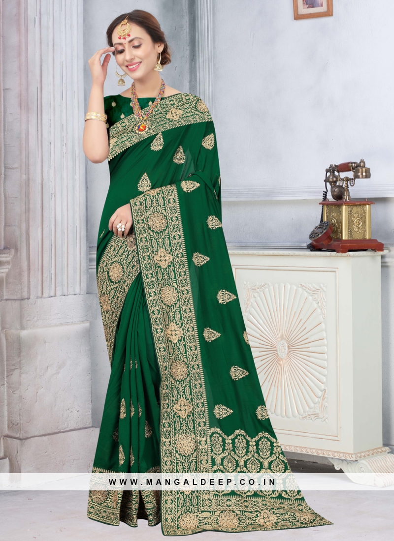 Dazzling Embroidered Silk Green Traditional Designer Saree
