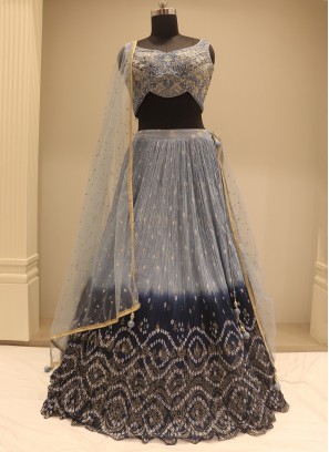 Dazzling Shaded Blue Digital Print Georgette Festive Wear Lehenga Choli