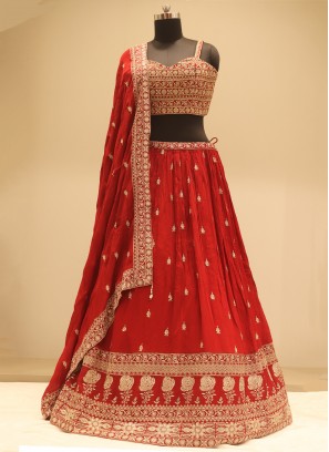 Dazzling Red Embroidery Georgette Festive Wear Lehenga Choli