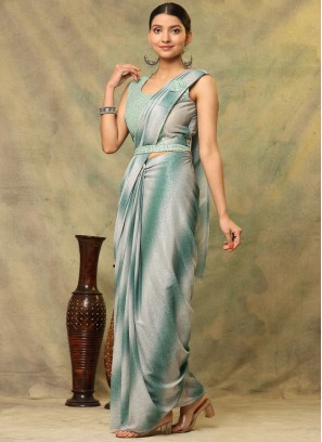 Dazzling Grey and Turquoise Embroidered Imported Classic Saree