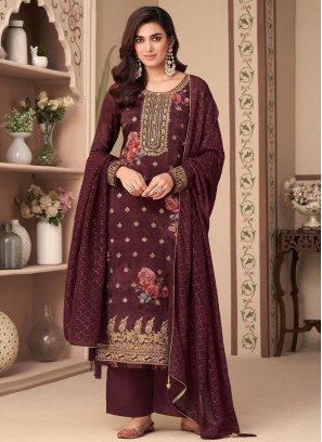Dazzling Maroon Jacquard Silk Pakistani Salwar Suit