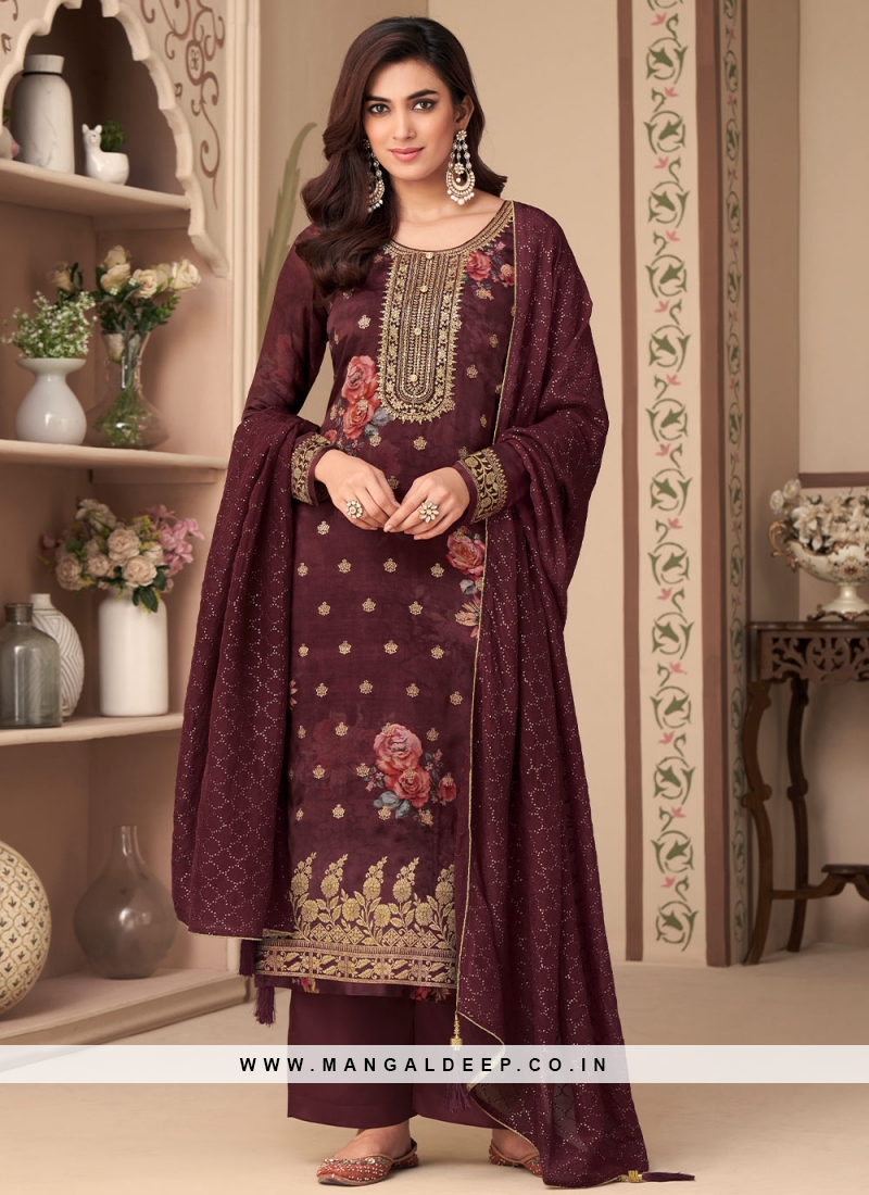 Dazzling Maroon Jacquard Silk Pakistani Salwar Suit