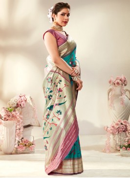 Dazzling Meenakari Blue and Silver Pure Silk Classic Saree