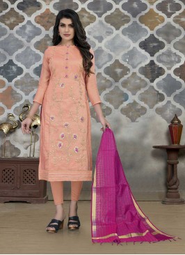 Dazzling Peach Color Chanderi Dress Material