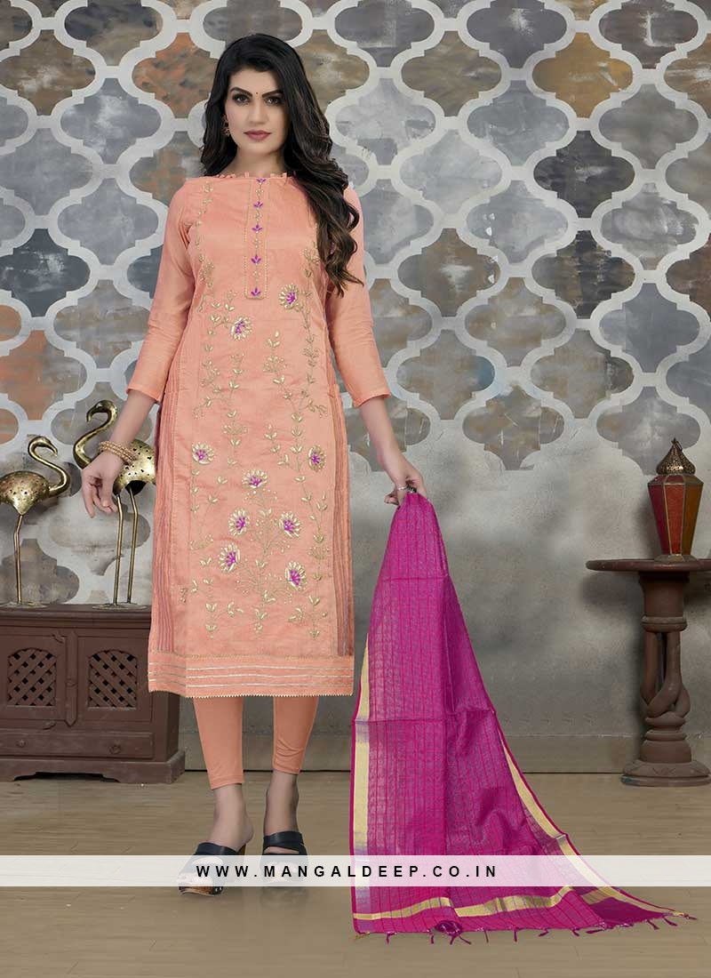 Dazzling Peach Color Chanderi Dress Material