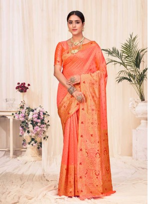 Dazzling Peach Color Silk Saree