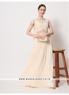 Dazzling Beige Crushed Georgette Party Wear Leheng