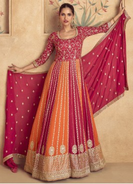 Dazzling Stone Work Orange and Red Georgette Floor Length Gown