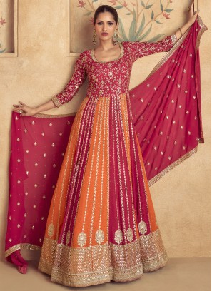 Dazzling Stone Work Orange and Red Georgette Floor Length Gown