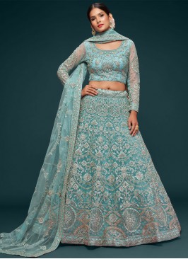 Dazzling Thread Aqua Blue Net Long Choli Lehenga