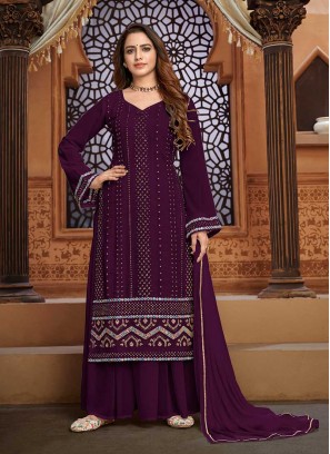 Dazzling Wine Color Georgette Sharara Suit
