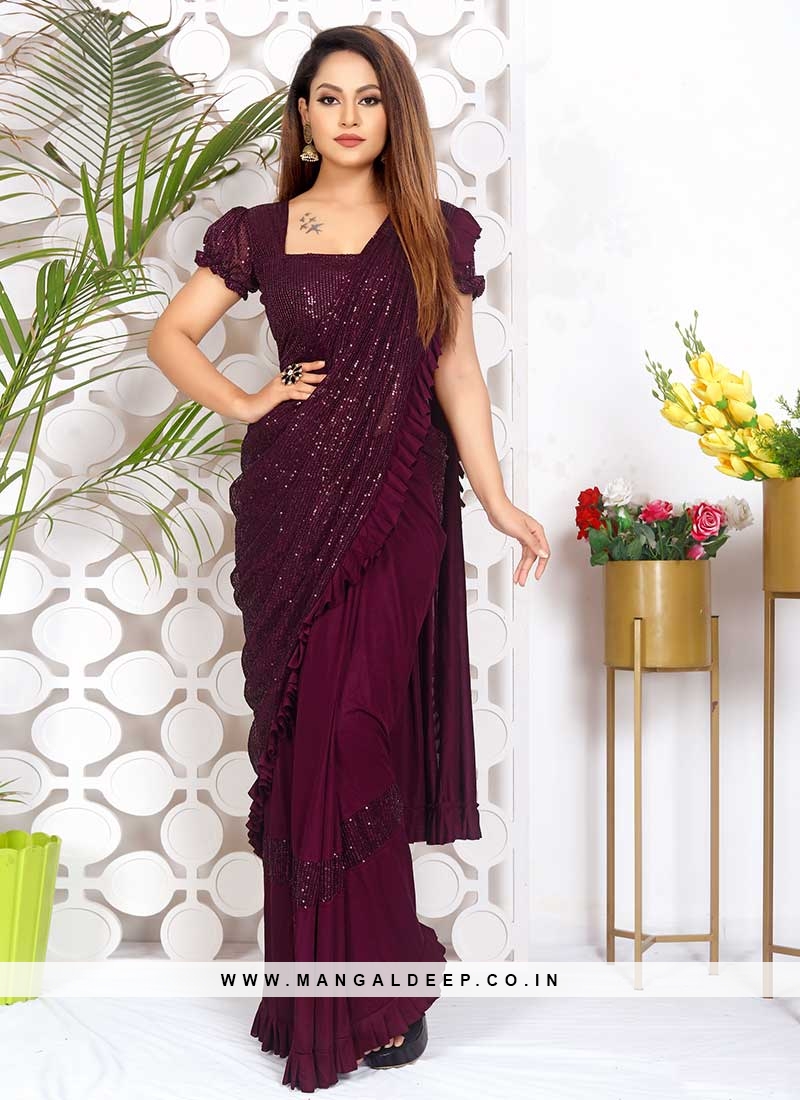 Dazzling Wine Color Ready To Wear Saree
