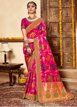 Deep Pink Color Banarasi Silk Saree For Girls