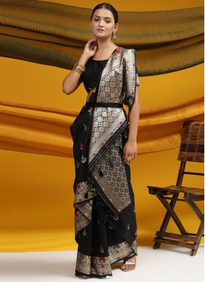 Delectable Black Woven Tussar Silk Saree