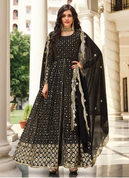 Delectable Embroidered Black Pure Georgette Floor Length Salwar Suit