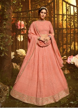 Delectable Embroidered Peach Georgette Lehenga Choli