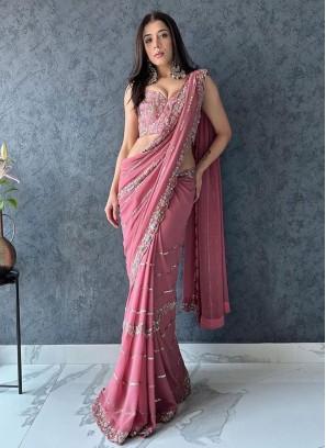 Delectable Pink Georgette Trendy Saree