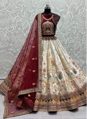 Delectable Velvet Thread Work Off White Long Choli Lehenga