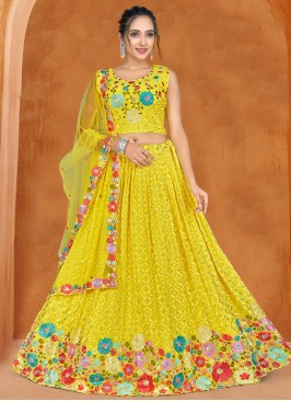 Delectable Yellow Embroidered Georgette A Line Lehenga Choli