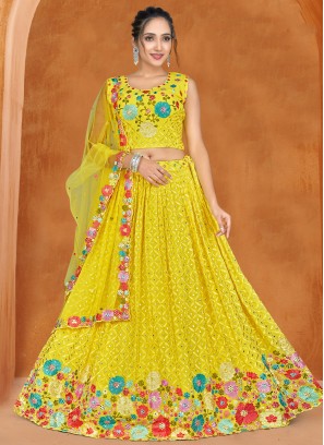 Delectable Yellow Embroidered Georgette A Line Lehenga Choli