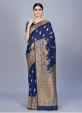 Delightful Banarasi Silk Navy Blue Contemporary Saree