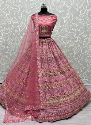 Delightful Net Zari Pink Designer Long Lehenga Choli