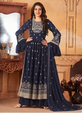 Delightful Resham Navy Blue Faux Georgette Trendy Salwar Kameez