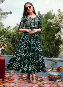 Delightsome Khadi Green Foil Print Readymade Gown