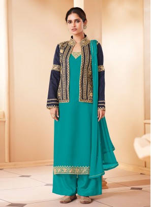 Demure Embroidered Blue Jacket Style Suit 