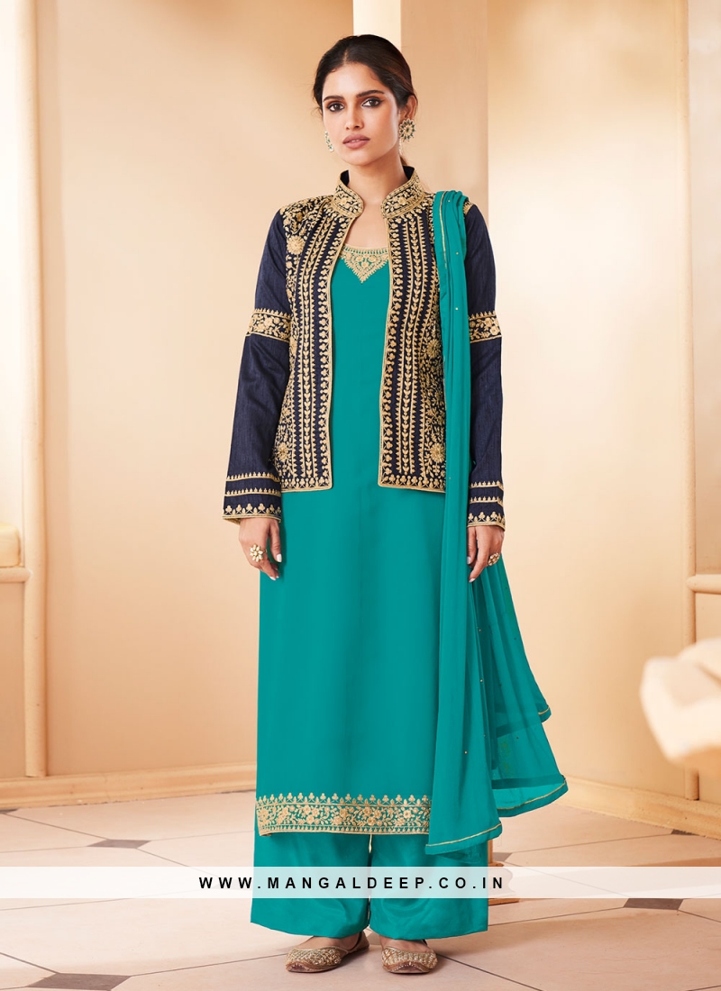 Charming Chikoo Color Georgette Jacket Style Salwar Suit