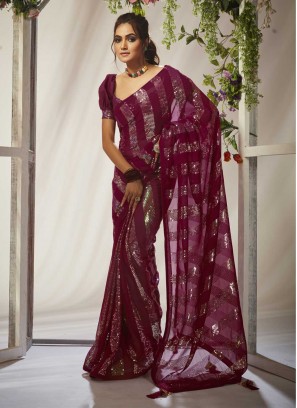 Demure Georgette Wine Embroidered Contemporary Saree