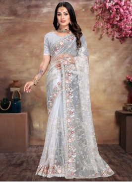 Demure Net White Sequins Classic Saree