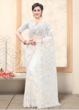 Demure Off White Embroidered Classic Saree