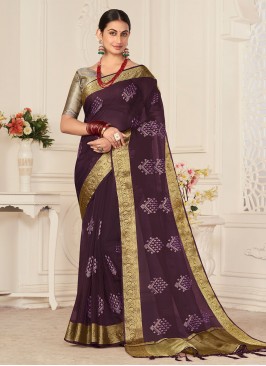 Demure Organza Embroidered Purple Saree