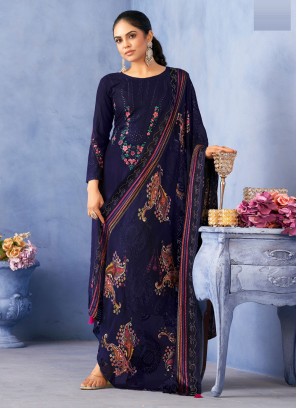Demure Pashmina Navy Blue Embroidered Trendy Salwar Kameez