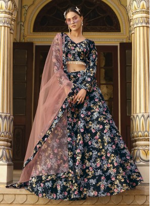 Demure Silk Black Floral Print Lehenga Choli