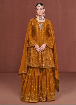 Demure Silk Embroidered Mustard Designer Pakistani Salwar Suit