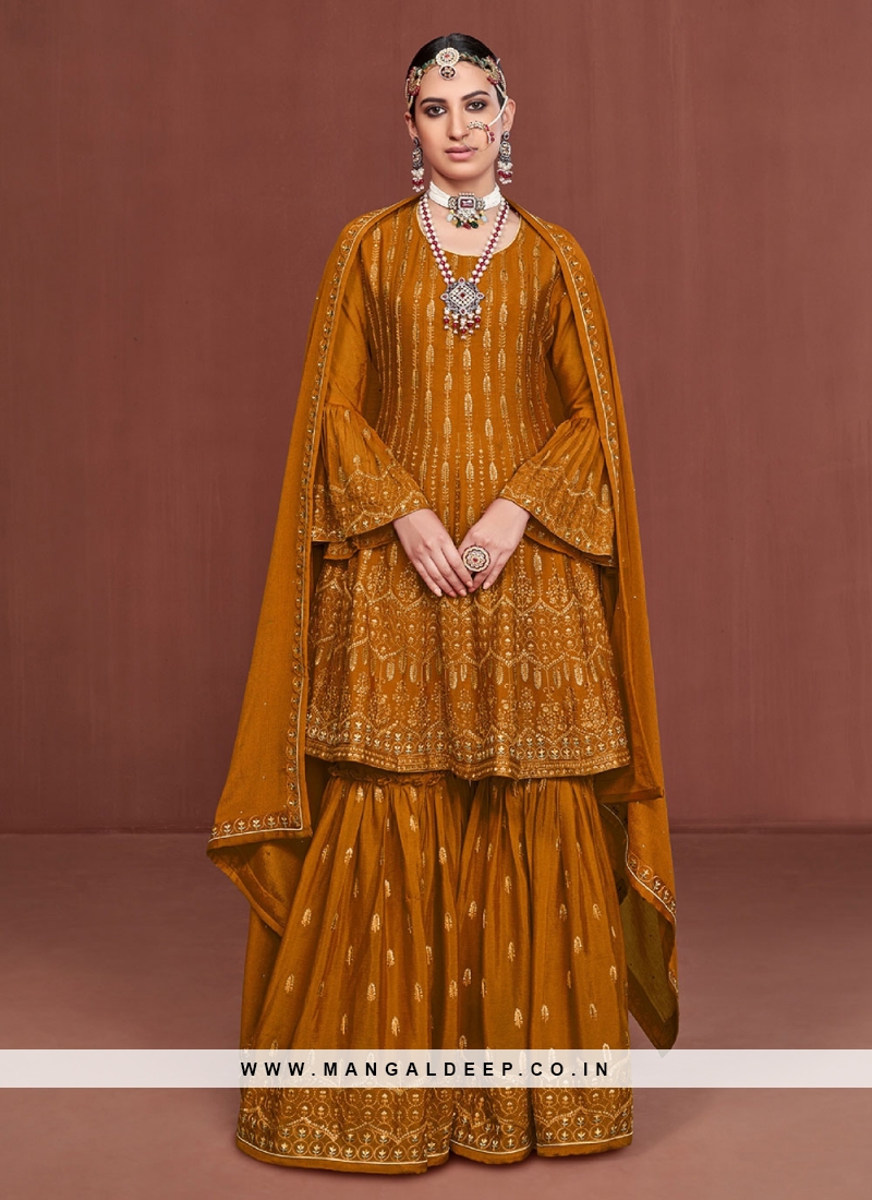 Demure Silk Embroidered Mustard Designer Pakistani Salwar Suit