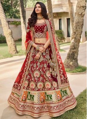Demure Silk Maroon Patch Border Lehenga Choli