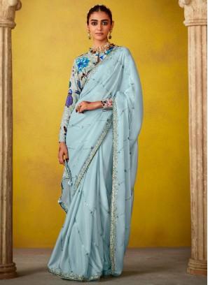 Demure Tissue Embroidered Aqua Blue Trendy Saree