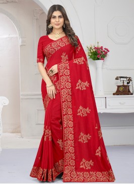 Demure Vichitra Silk Zari Red Saree