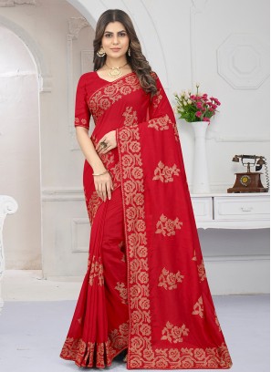 Demure Vichitra Silk Zari Red Saree