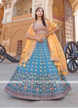 Denim Georgette Lehenga with Embroidery and Handwork and Silk Blouse
