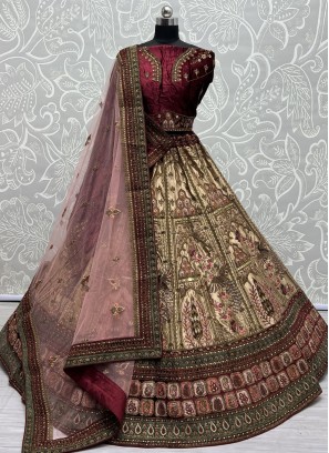 Deserving Beige and Maroon Brocade Lehenga Choli