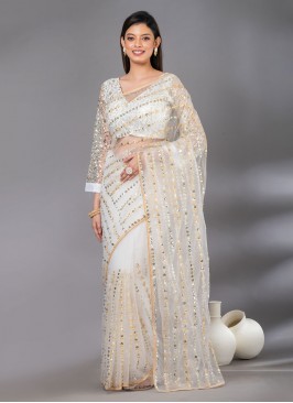 Deserving Embroidered Net White Classic Saree